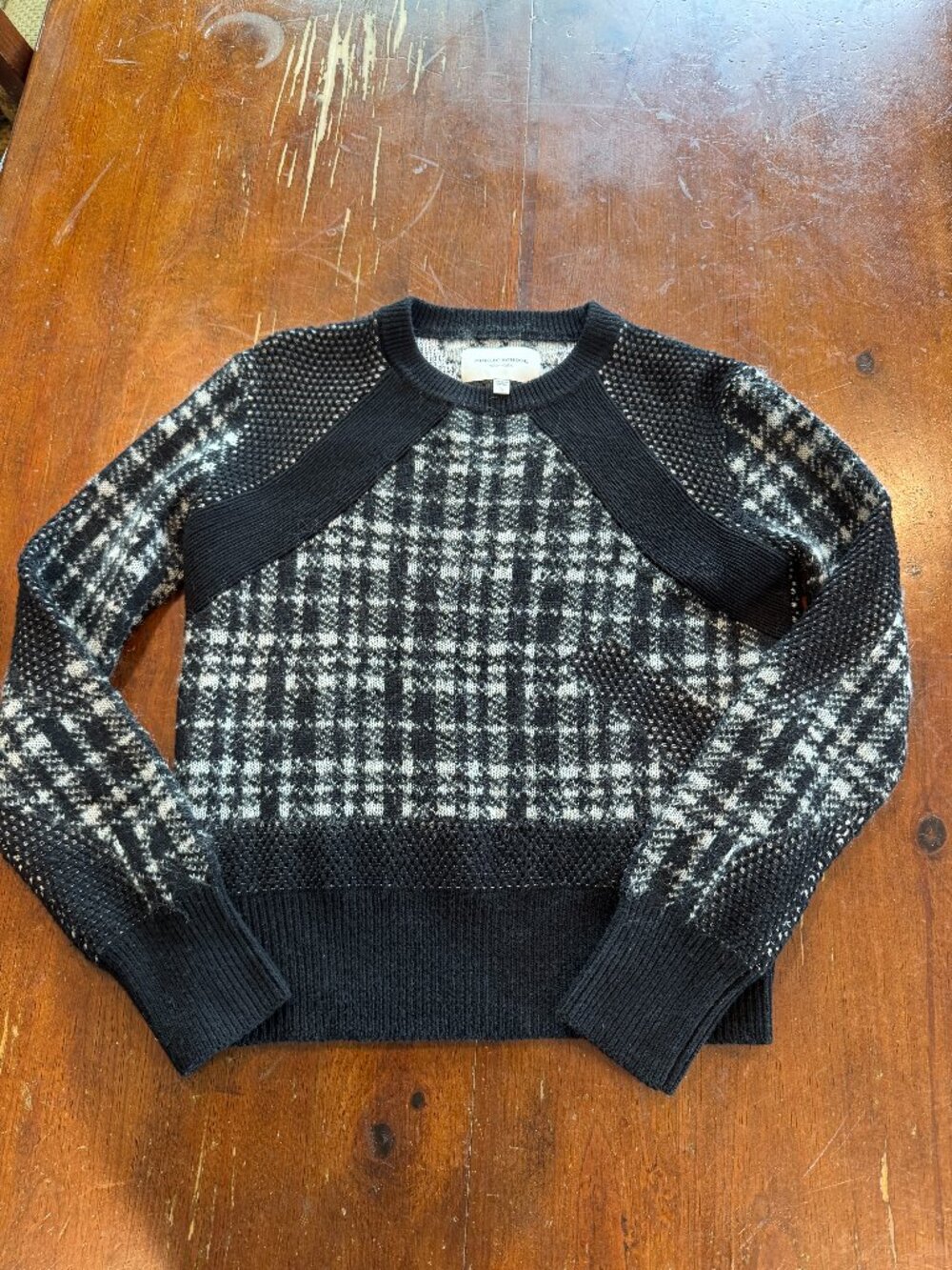 Public School New York Black White Knit Sweater Size S Textured Plaid